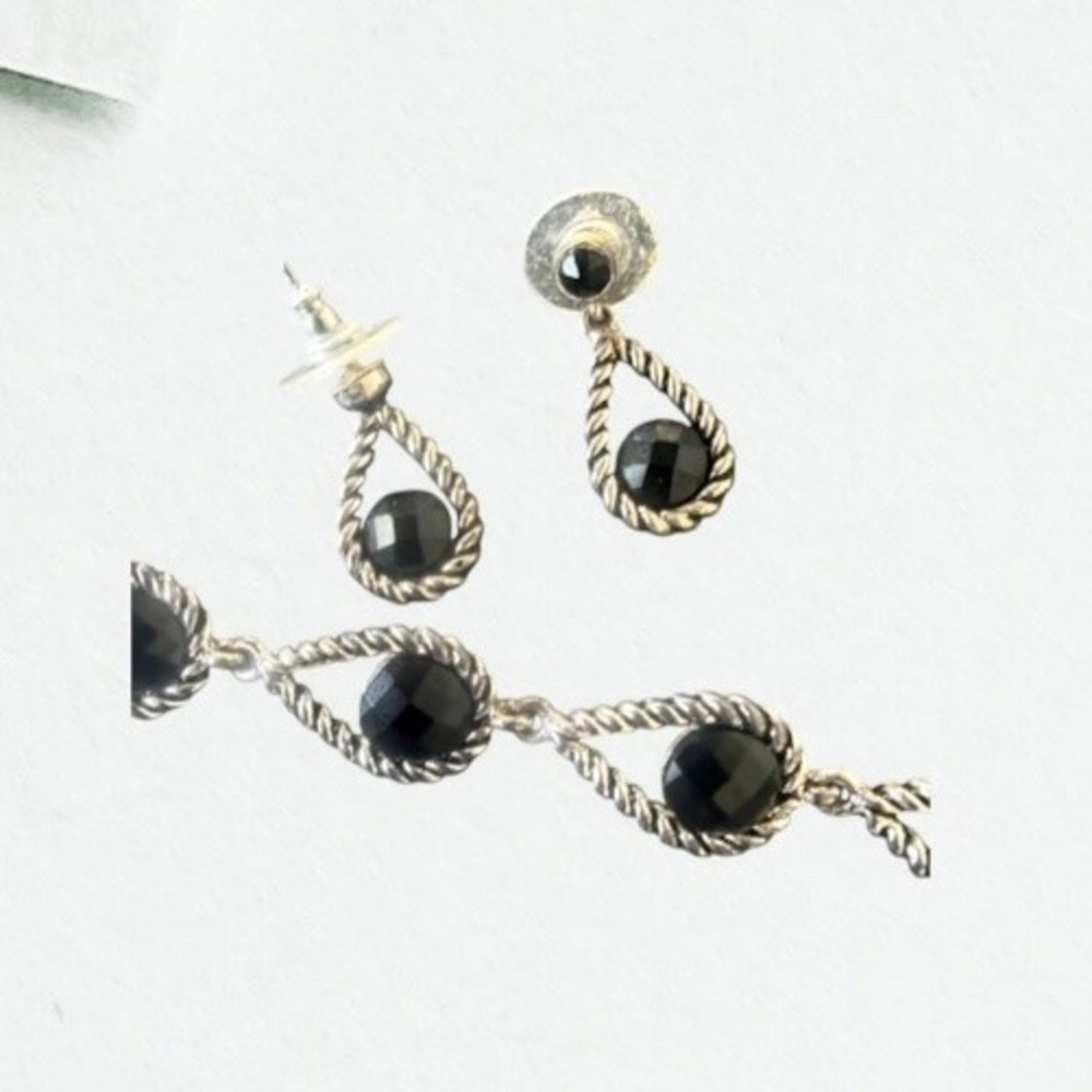 Silver Tone Black Faceted Stone Teardrop Bracelet & Earrings EUC Jewelry Set